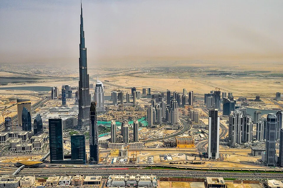 The Burj Khalifa rising high above the towers around it
